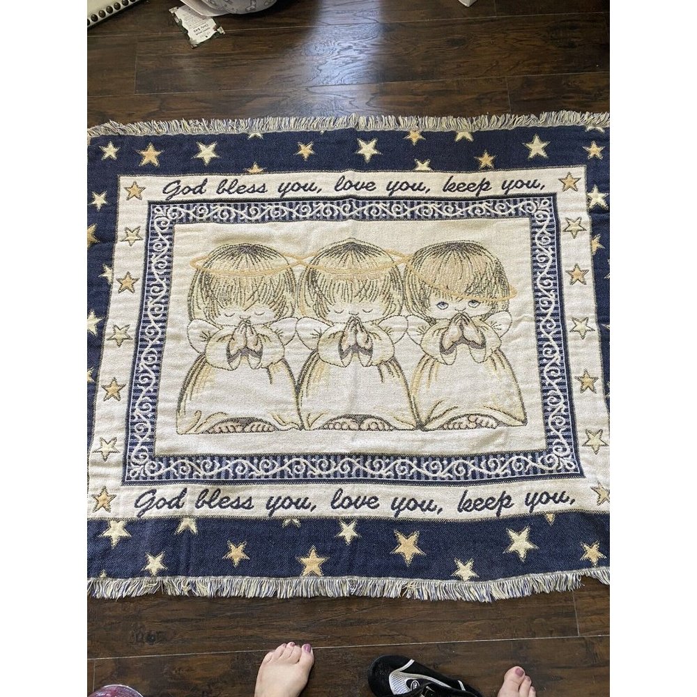Religious Angels Tapestry Throw Blanket God Bless You Love You  60x48 Pls Read